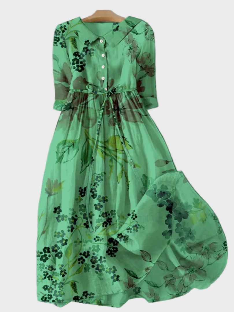 Elara | Elegantní Zelené Maxi Šaty S Knoflíky A Pásem