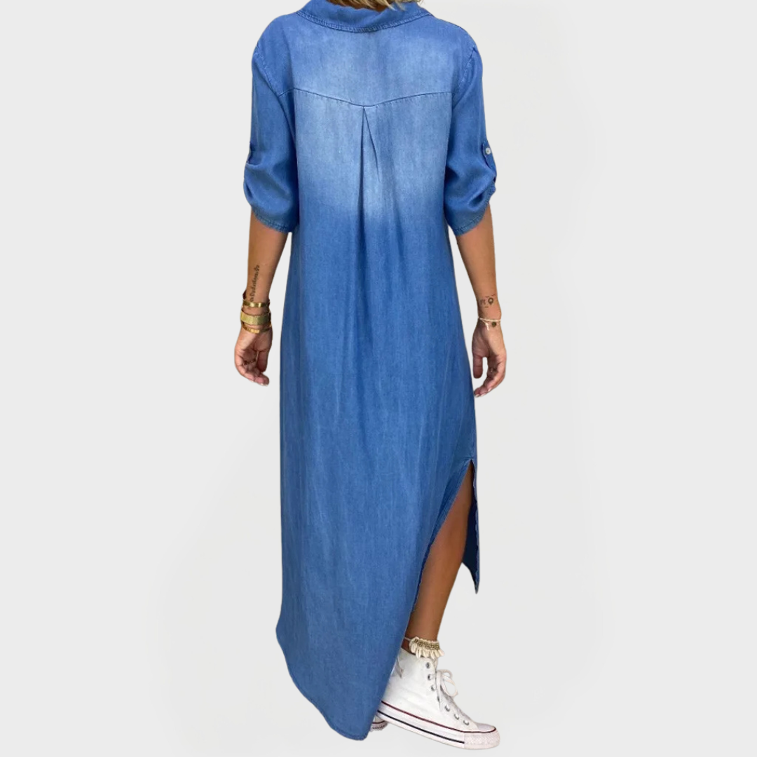 Lyra | Lehké Denimové Šaty Boho Styl Postranní Rozparky