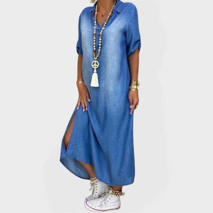 Lyra | Lehké Denimové Šaty Boho Styl Postranní Rozparky
