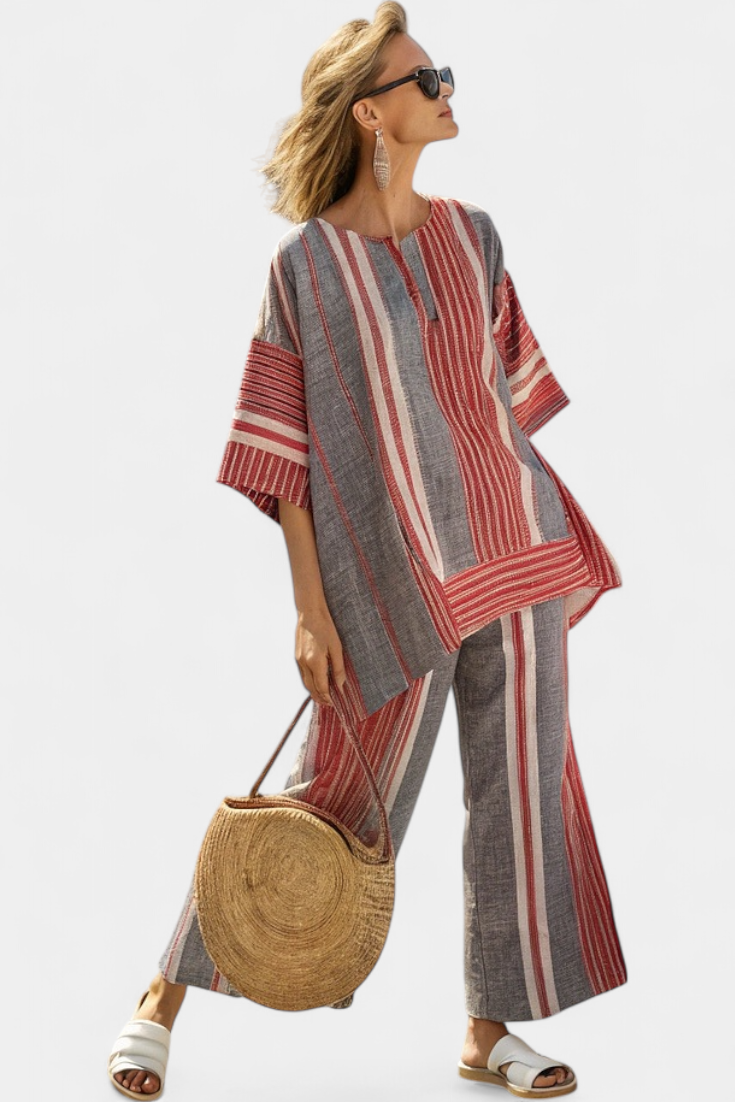 Σαλοπέτα Oversize Daisy σε Λινό με Ριγέ Κόκκινα Κοραλλί και Γκρι, ΜτοντΣλνα και
