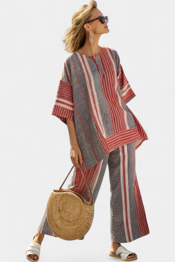 Σαλοπέτα Oversize Daisy σε Λινό με Ριγέ Κόκκινα Κοραλλί και Γκρι, ΜτοντΣλνα και