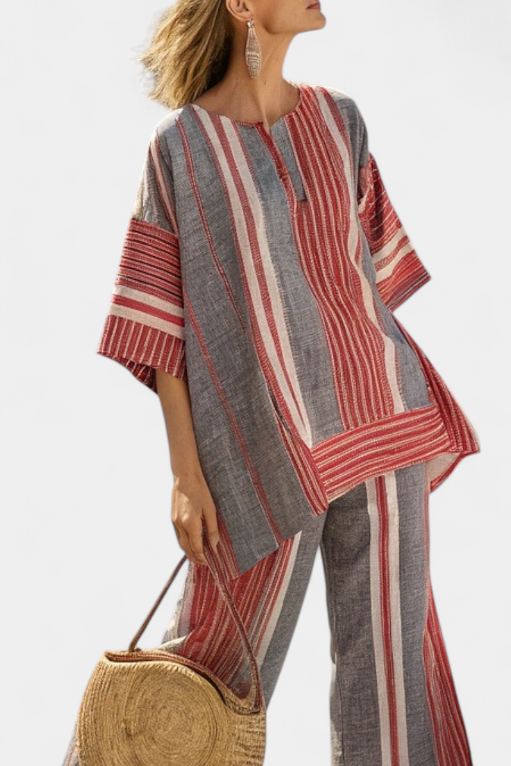 Σαλοπέτα Oversize Daisy σε Λινό με Ριγέ Κόκκινα Κοραλλί και Γκρι, ΜτοντΣλνα και
